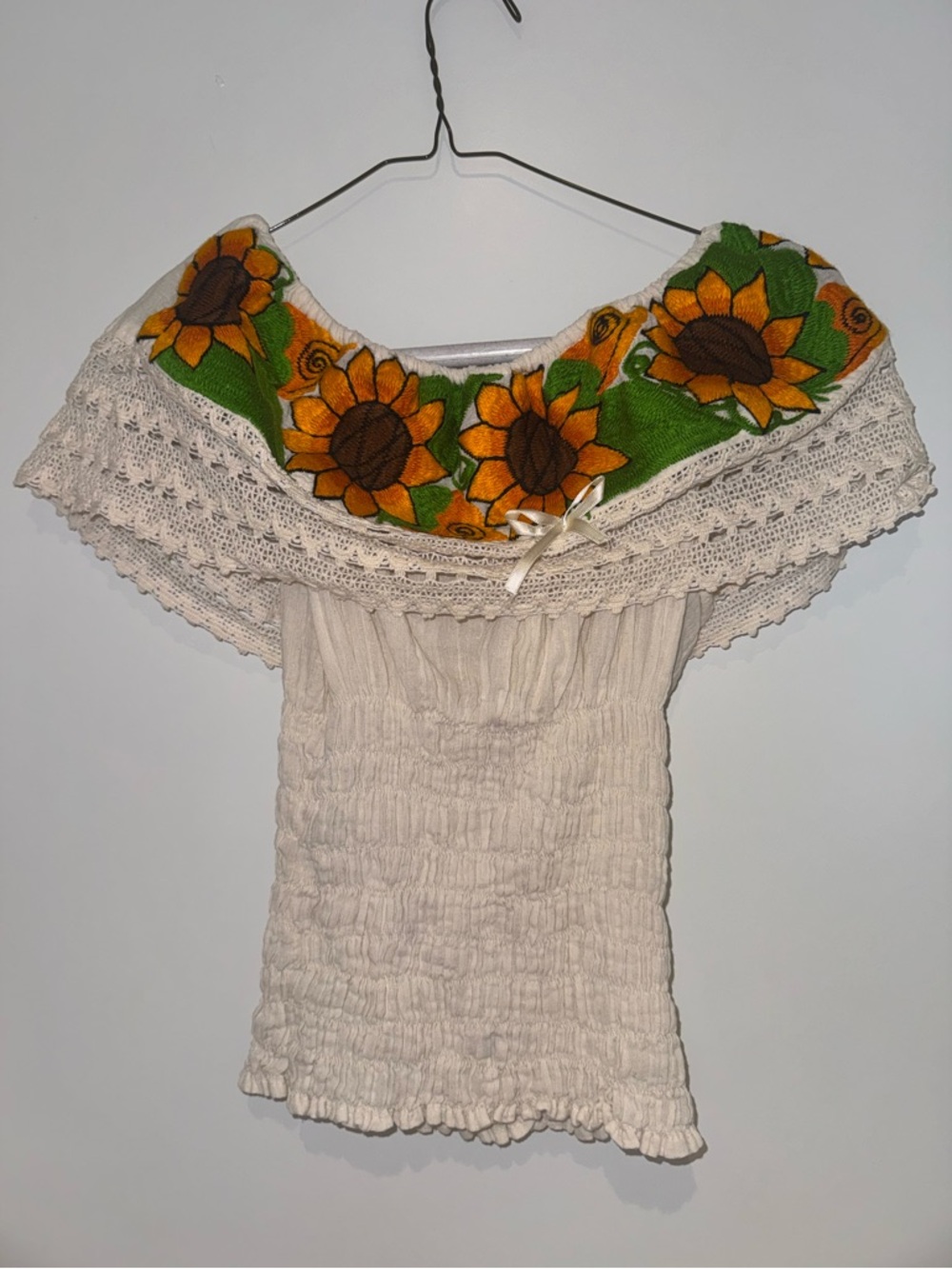 Cream Off-Shoulder Top with Sunflower Embroidered Yoke